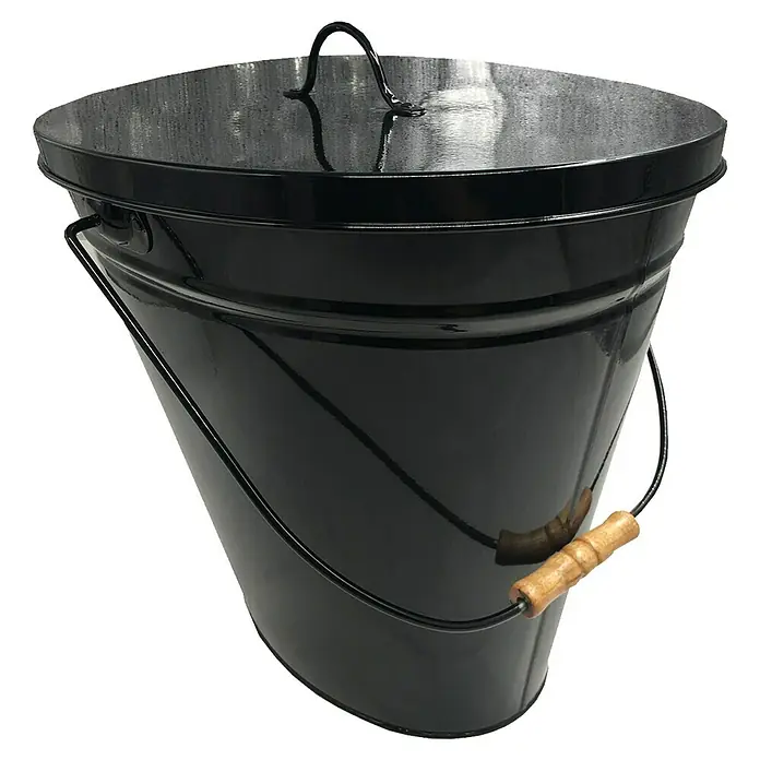 Ascheeimer - 22 l, Schwarz, Lackiert - Ein schwarzer Eimer mit Deckel und Holzgriff, ideal für Kaminasche oder Kohle. Praktisches Zubehör für den Kamin.