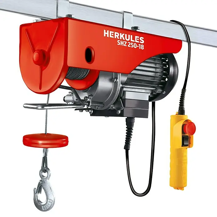 Herkules Polipasto SHZ 250-18 - 500 W, 230 V, 18 A, 250 Kilogramos (kg) - Primer plano de un polipasto eléctrico de cable Herkules SHZ 250-18 fijado a un riel metálico, con gancho y controlador.