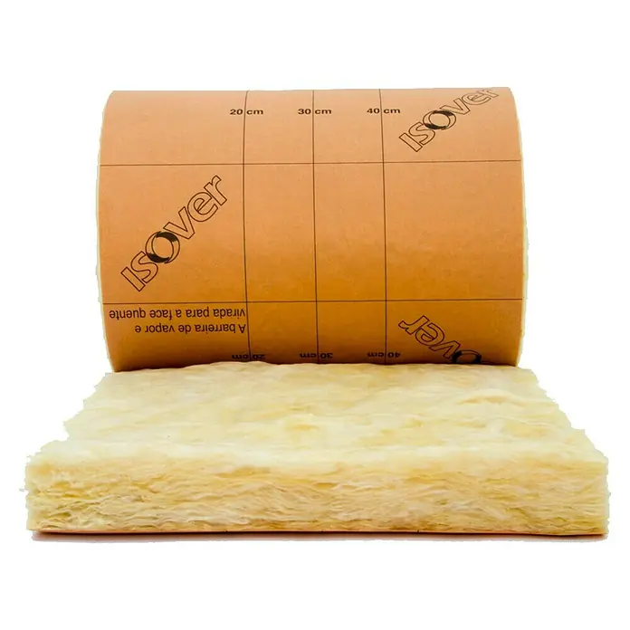 Isover Lana de vidrio IBR - L x An x Es: 10 m x 1,2 m x 100 mm - Primer plano de un rollo de aislamiento de fibra de vidrio Isover con una escala centimétrica impresa.
