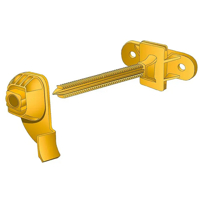 Isover Clips Optima 75/160 - 40 ud. - Primer plano de un conector de muebles de dos piezas de color dorado con una varilla de conexión dentada.