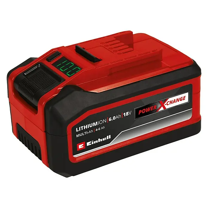 Einhell PXC 18V Batería Multi-Ah Plus - 18 V, 4 Ah - 6 Ah - Un paquete de baterías Einhell Power X-Change rojo y negro con una pantalla digital que muestra el 100%.