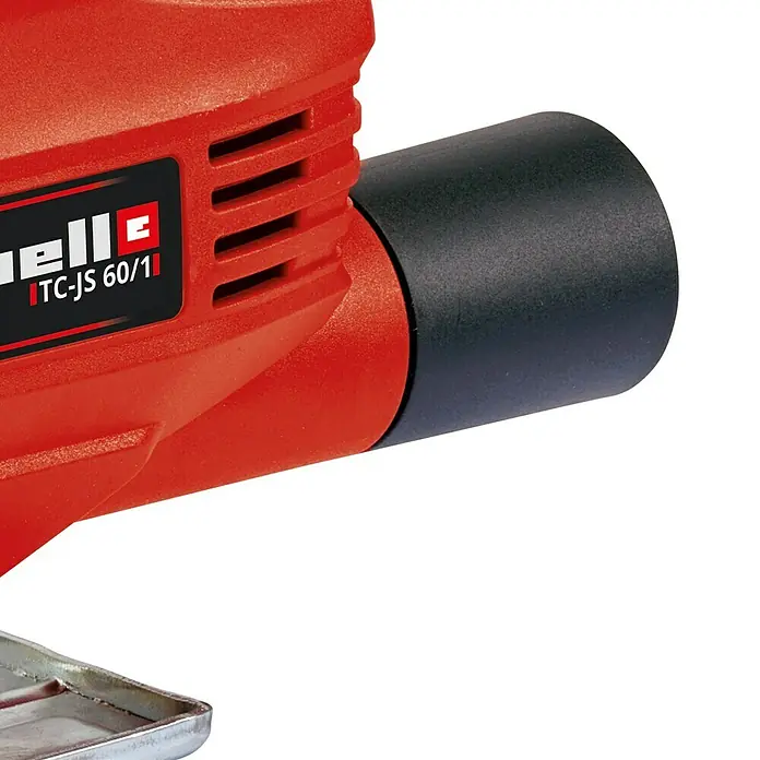 Einhell Elektro-Stichsäge TC-JS 60/1 - 1.000 /min - 3.000 /min, 60 mm - Nahaufnahme einer roten Einhell TC-JS 60/1 Stichsäge mit schwarzem Staubsaugeranschluss für sauberes Arbeiten.