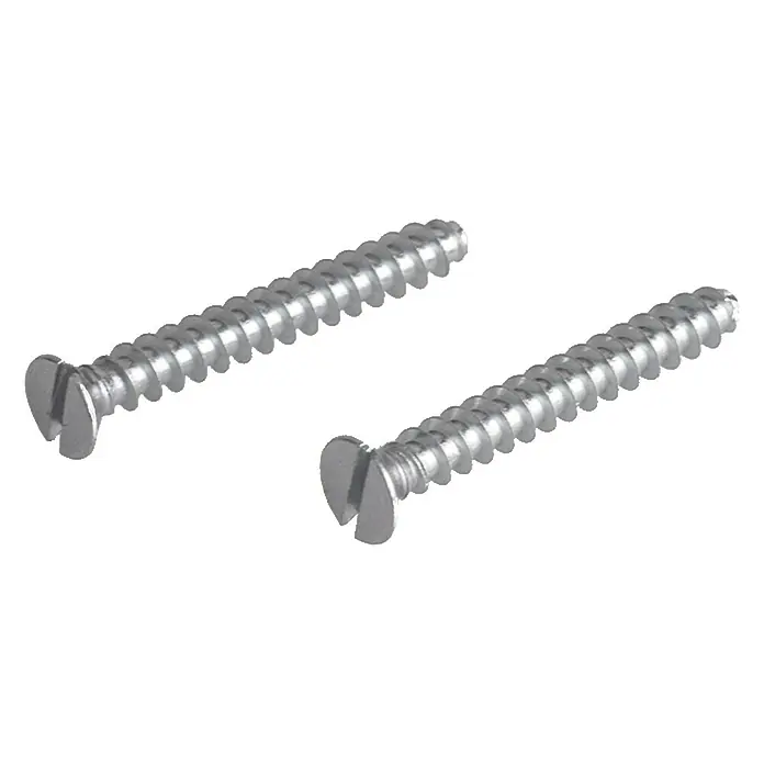 Schraube für UP-Dose - Durchmesser: 3,2 mm, Länge: 25 mm, 100 Stk. - Draufsicht von zwei Holzschrauben mit Schlitzkopf auf schwarzem Hintergrund. Die Schrauben sind aus Metall und haben ein durchgehendes Gewinde.