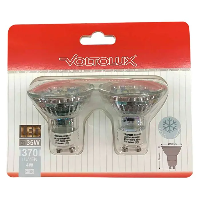 Voltolux LED-Lampen Set Reflektor GU10 - GU10, Nicht Dimmbar, Tageslichtweiß, 370 lm, 4 W, 2 Stk. - Nahaufnahme einer VOLTOLUX LED-Doppelpackung GU10 4W/6400K, ideal für helle Beleuchtung und Energieeffizienz.
