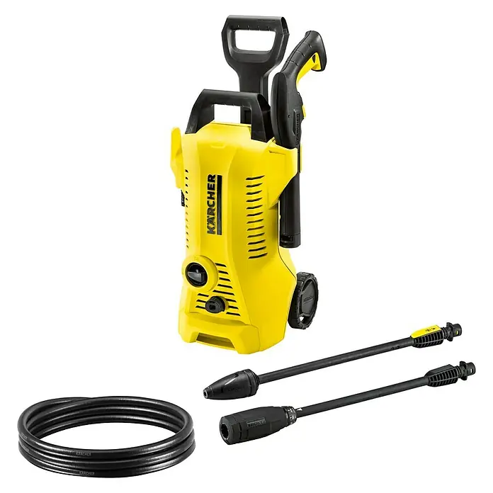 Kärcher Hochdruckreiniger K 2 Power Control - 110 bar, 1.400 W, Fördermenge: 360 l/h - Das Bild zeigt einen gelben Kärcher Hochdruckreiniger mit Zubehör, isoliert auf schwarzem Hintergrund.