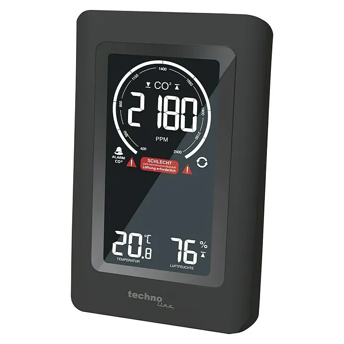Technoline Luftqualitätsmonitor CO2 WL1030 - Digitales Display, 50 x 94 x 145 mm - Nahaufnahme eines Techno Line CO2-Messgeräts, das hohe CO2-Werte, Temperatur und Luftfeuchtigkeit anzeigt.