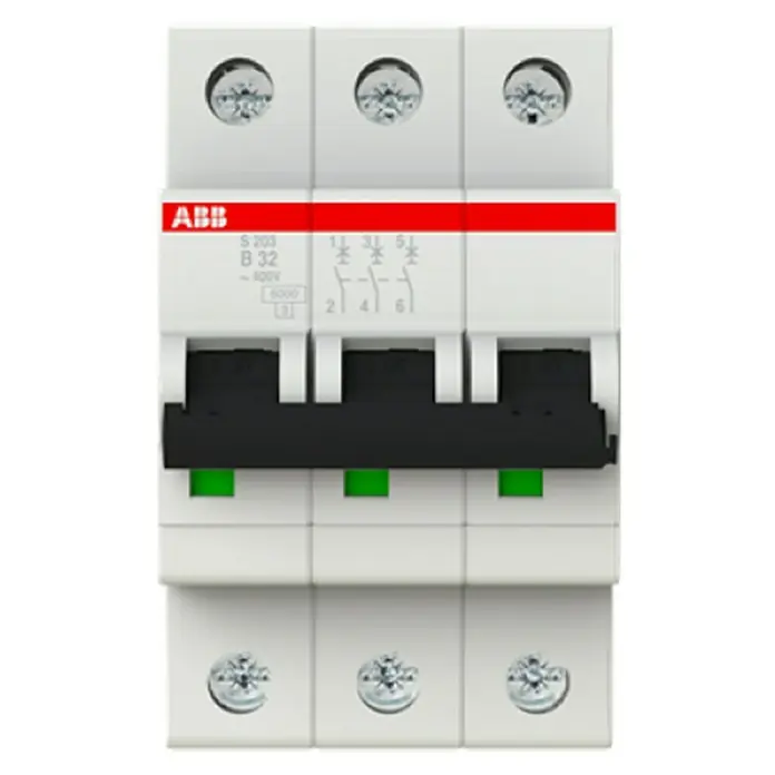ABB Sicherungsautomat S203 B32A - B, 32 A, 3 Stk. - Dreipoliger ABB-Leitungsschutzschalter S 203 B32, ein elektrisches Bauteil für den Schutz von Stromkreisen vor Überlastung und Kurzschlüssen.