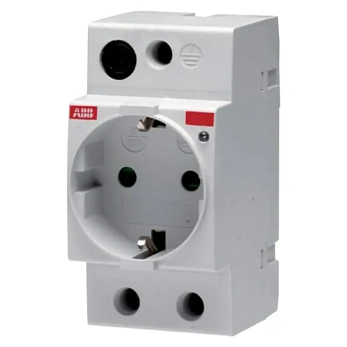 ABB Modulare Schuko-Steckdose M1175 für Hutschiene - 16 A - Nahaufnahme einer ABB-Schutzkontaktsteckdose für die Hutschiene. Das weiße Modul ist für den Einbau in Verteilerkästen vorgesehen.