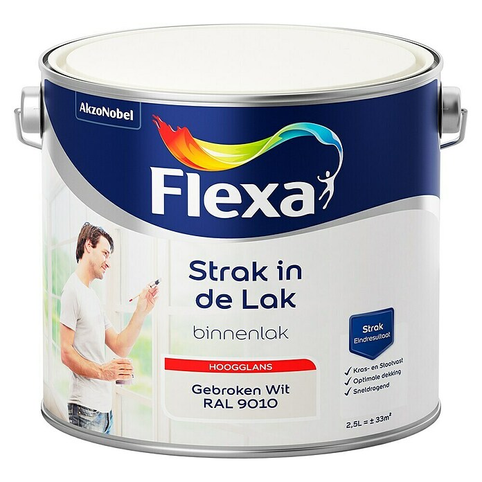 Flexa Strak in de Lak Kleurlak Gebroken Wit RAL 9010 (Wit, Hoogglans, 2,5 l, Binnen) | BAUHAUS