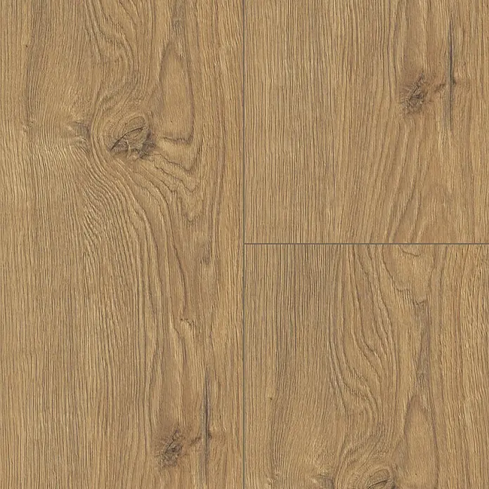 Living by Haro Laminatmuster Gigante Eiche Calgary Natur200 x 243 x 8 mm, Landhausdiele - Nahaufnahme von hellbraunem Laminatboden mit Maserung und Astlöchern, ideal für moderne Wohnräume mit natürlicher Optik.