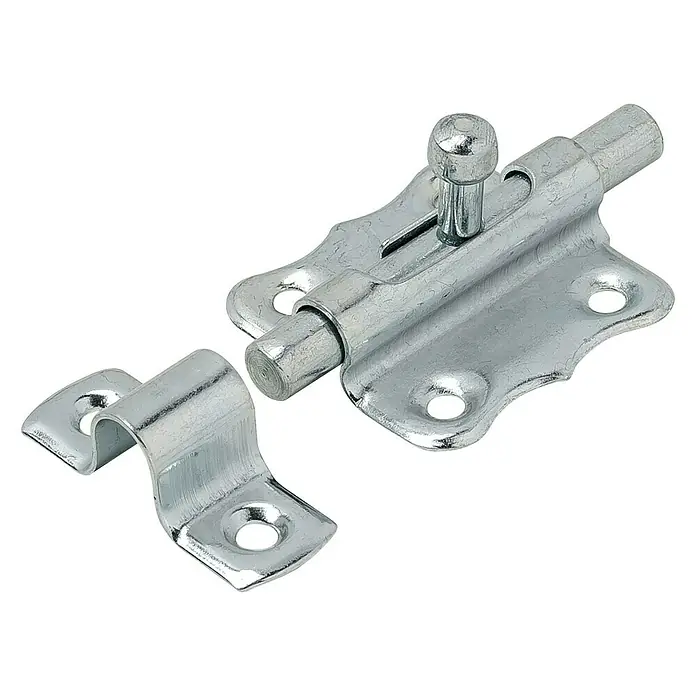 Vormann Pestillo deslizante - L x An: 47 x 47 mm - Primer plano de un cerrojo de barril plateado con soporte de montaje y orificios para tornillos sobre un fondo negro.