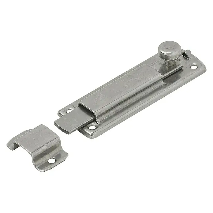 Vormann Pestillo - L x An: 80 x 22 mm, Acero inoxidable - Imagen de un cerrojo de cañón metálico con una perilla para facilitar la apertura y el cierre, ideal para asegurar puertas y ventanas.