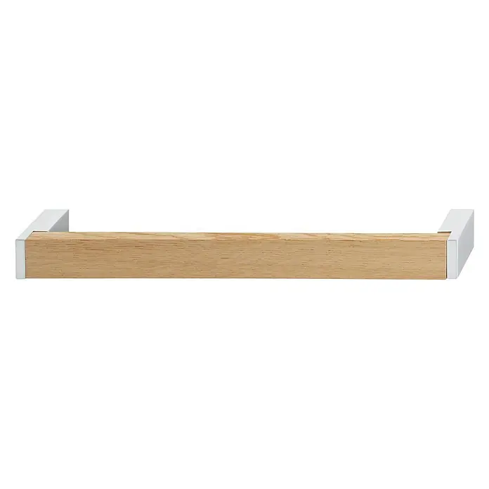 Häfele Tirador para muebles - Largo: 96 mm, Cromado - Toallero con una combinación de madera clara y metal blanco, ideal para la decoración del baño. Diseño elegante y funcional.
