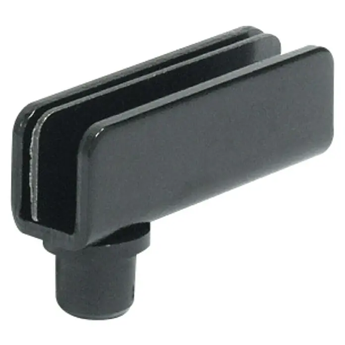 Häfele Bisagra para puertas de cristal - 40 x 13,5 mm, Ángulo de apertura: 110 °, Negro - Soporte de vidrio negro con pin para montaje seguro de paneles o placas de vidrio. Ideal para muebles y otras construcciones.
