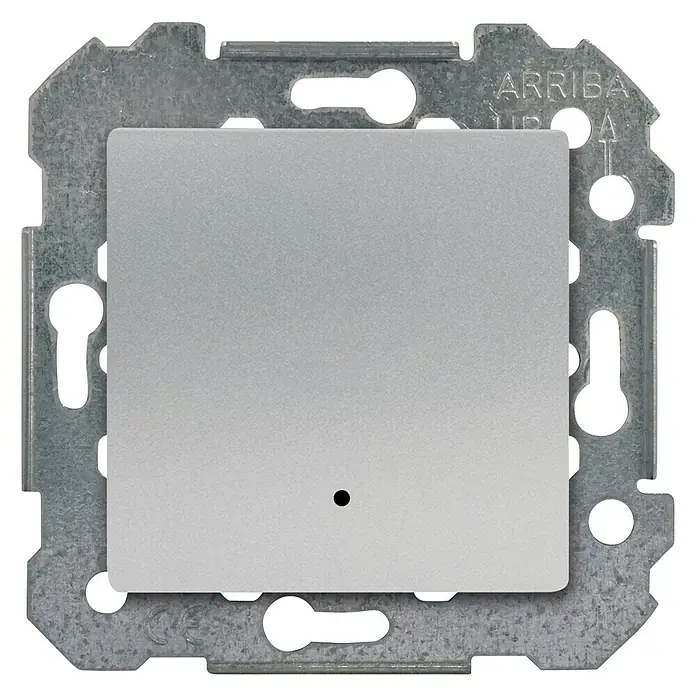 BJC Viva Regulador LED - Plateado, Plástico, Instalar - Un interruptor de luz plateado con placa de montaje. El interruptor tiene una superficie lisa y un diseño minimalista para interiores modernos.