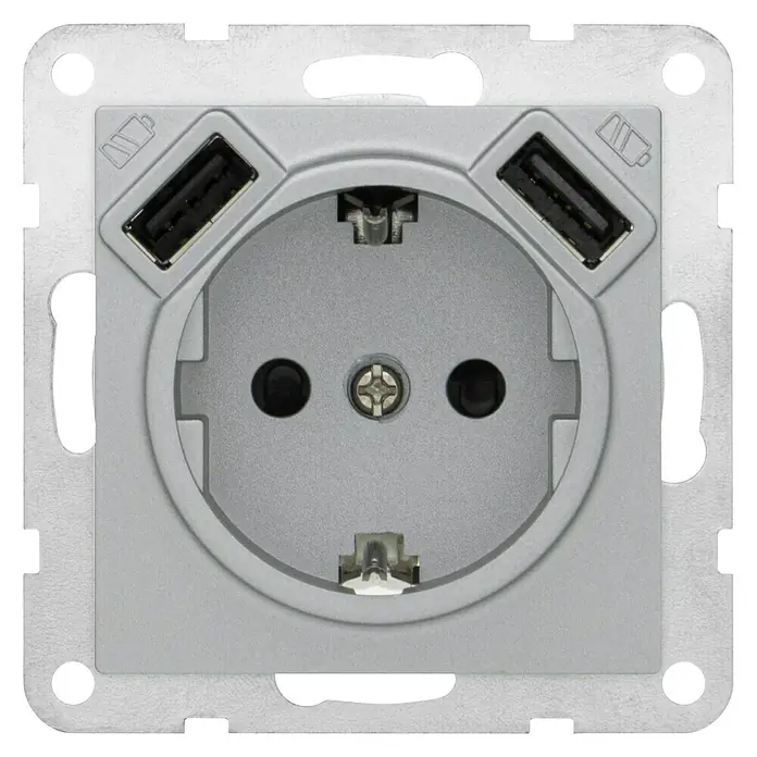 BJC Viva Enchufe con USB - Plateado, Plástico, 16 A - Toma de corriente con dos puertos USB y un enchufe Euro, ideal para cargar dispositivos y alimentar electrónica.