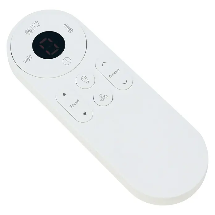 Arte confort Ventilador de techo Ellis IOT - Blanco, 108 cm, 15 W, Blanco cálido - Mando a distancia blanco con varios botones para controlar el aire acondicionado, la velocidad del ventilador, el regulador de luz y la temperatura.