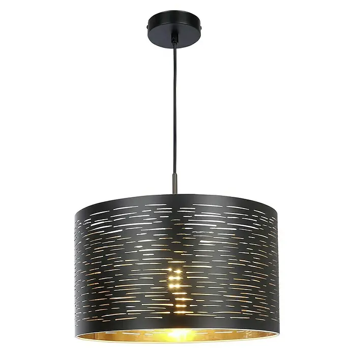 Globo Lámpara colgante redonda rayas - 40 W, Ø x Al: 380 mm x 120 cm, Negro, E27 - Lámpara colgante con pantalla negra y detalles dorados. La luz brilla a través de las ranuras de la pantalla, creando un ambiente cálido.