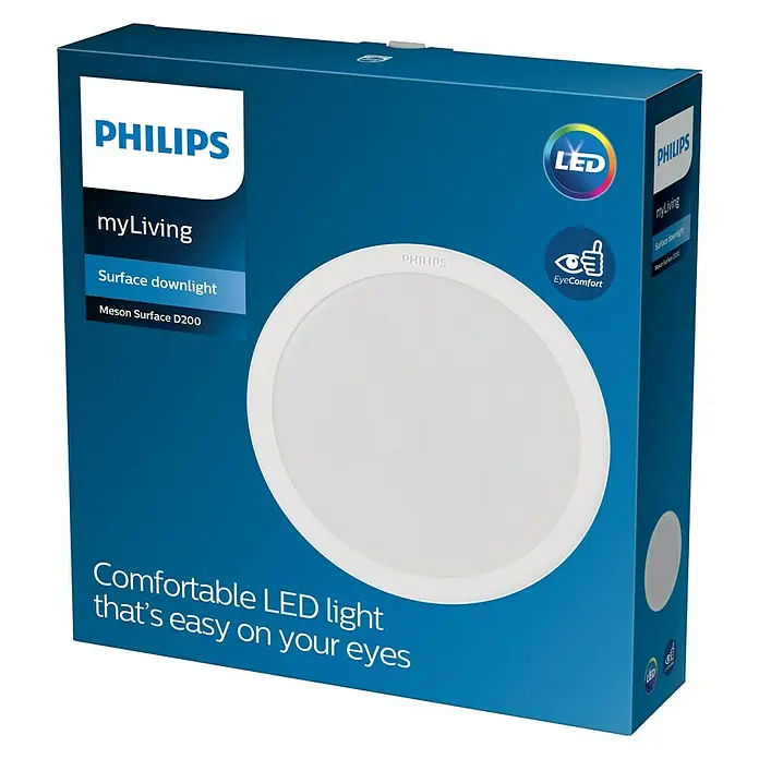Philips Plafón LED redondo para pared y techo Meson - 24 W, Ø x Al: 20 x 5,3 cm, Blanco, Blanco neutro - Embalaje de una lámpara de techo LED Philips myLiving Meson Surface D200, que promete una luz cómoda y agradable a la vista.