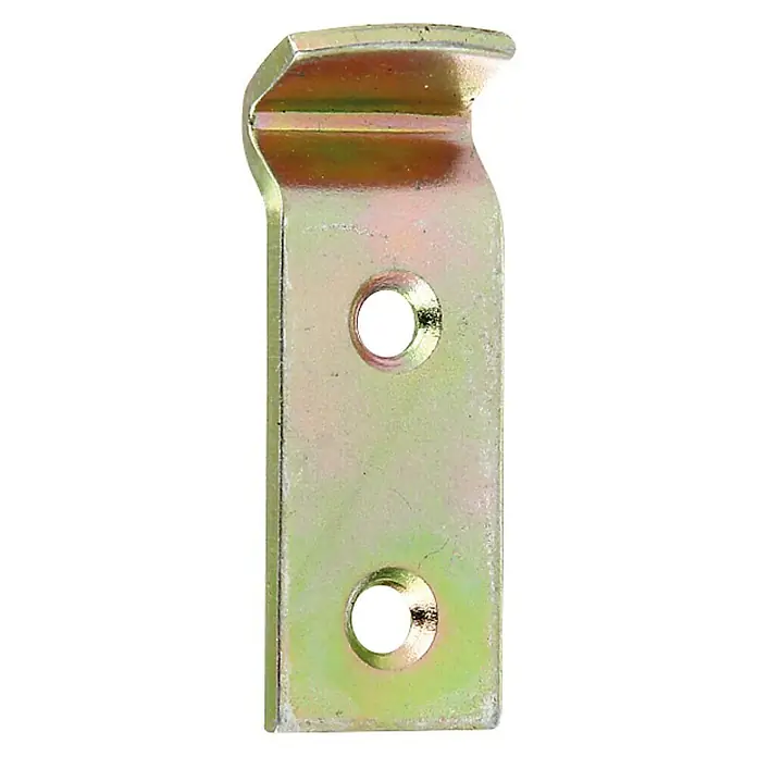 Stabilit Schließhaken für Kistenverschlüsse - B x L: 25 x 83 mm - Nahaufnahme einer goldfarbenen Halterung mit zwei Löchern zur Befestigung. Ideal für Heimwerkerprojekte und Reparaturen.