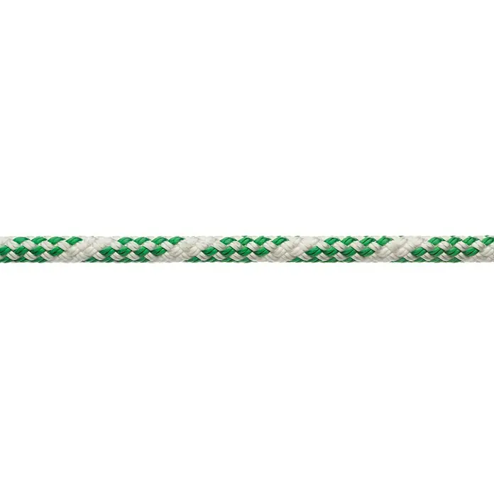 Robline Cabo a metros Sirius 300 - Diámetro: 8 mm, Poliéster, Blanco/Verde - Primer plano de una cuerda trenzada en blanco y verde, que se extiende horizontalmente sobre un fondo negro.