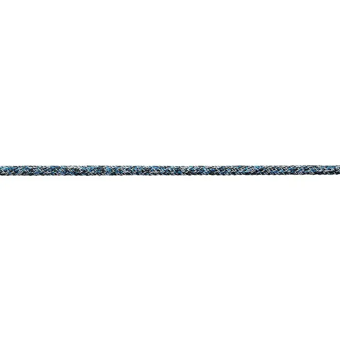 Robline Cuerda multiusos por metros Coppa 5000 - Diámetro: 9 mm, Poliéster, Blanco/Azul/Negro - Esta imagen muestra una cuerda con un intrincado patrón trenzado en tonos de azul y gris sobre un fondo negro. La cuerda es el elemento principal.