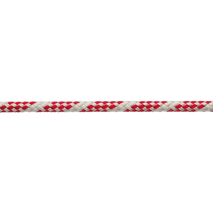 Robline Cabo a metros Sirius 300 - Diámetro: 14 mm, Poliéster, Rojo/Blanco - Primer plano de una cuerda trenzada roja y blanca que corre horizontalmente, ideal para aplicaciones náuticas o decorativas.