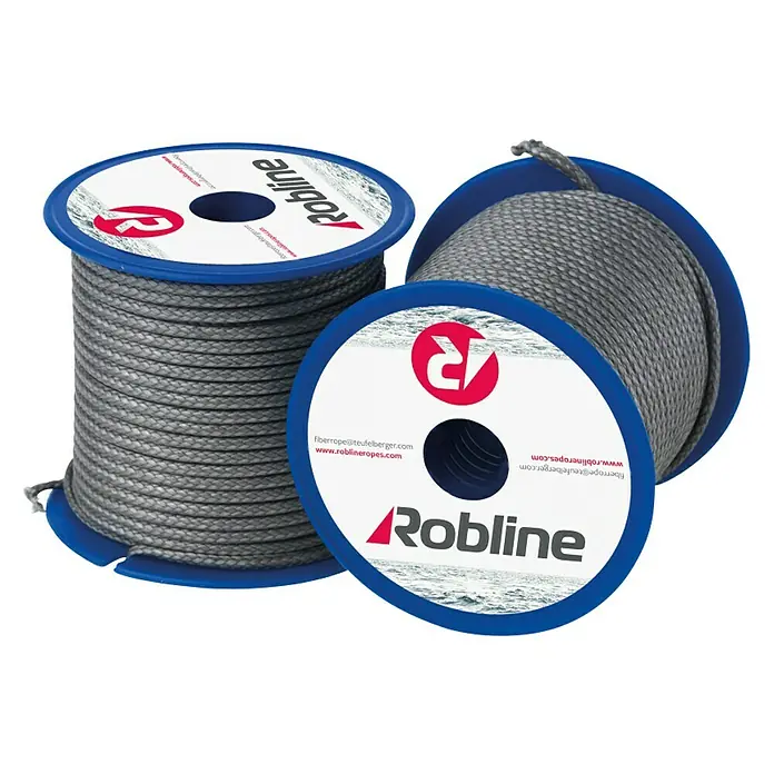 Robline Cuerda multiusos Ocean 3000 - Ø x L: 2 mm x 25 m, Plástico, Gris - Dos carretes de cuerda Robline, uno lleno y otro parcialmente desenrollado, presentados sobre un fondo negro.