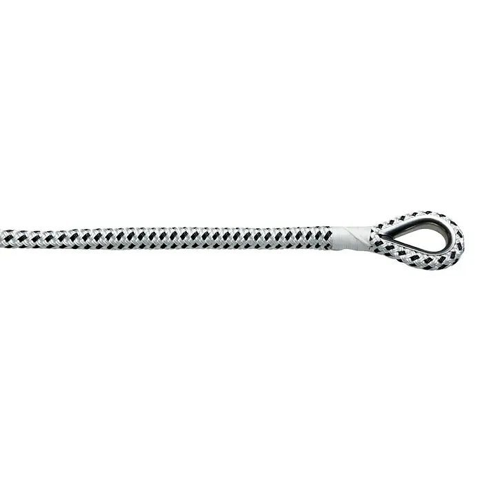 Robline Cuerda de amarre Rio - Ø x L: 14 mm x 30 m, Poliéster, Negro/blanco - Primer plano de una cuerda trenzada con un lazo de metal en un extremo, ideal para fijaciones seguras.