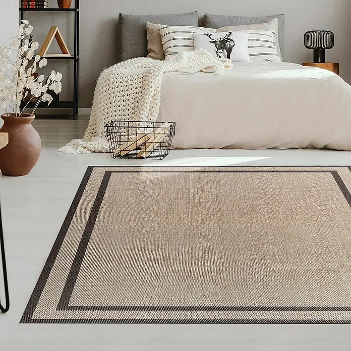 Alfombra de vinilo Marco - Oro, 180 x 120 cm - Elegante alfombra rectangular beige con doble borde oscuro, ideal para dormitorio o sala de estar.