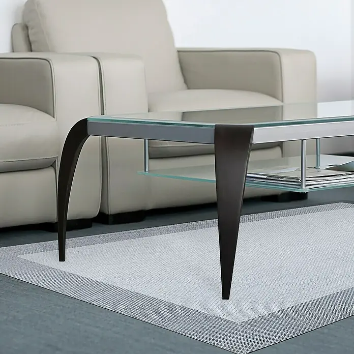Alfombra de vinilo Living - Gris, 150 x 80 cm - Elegante mesa de centro de cristal con patas de madera oscura y un estante adicional, perfecta para salones modernos.