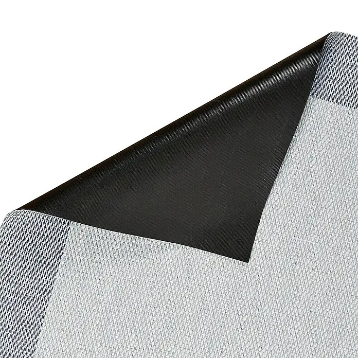 Alfombra de vinilo Living - Gris, 150 x 80 cm - Primer plano de una esterilla de parrilla reversible con un lado negro y plateado, ideal para uso exterior y fácil limpieza.