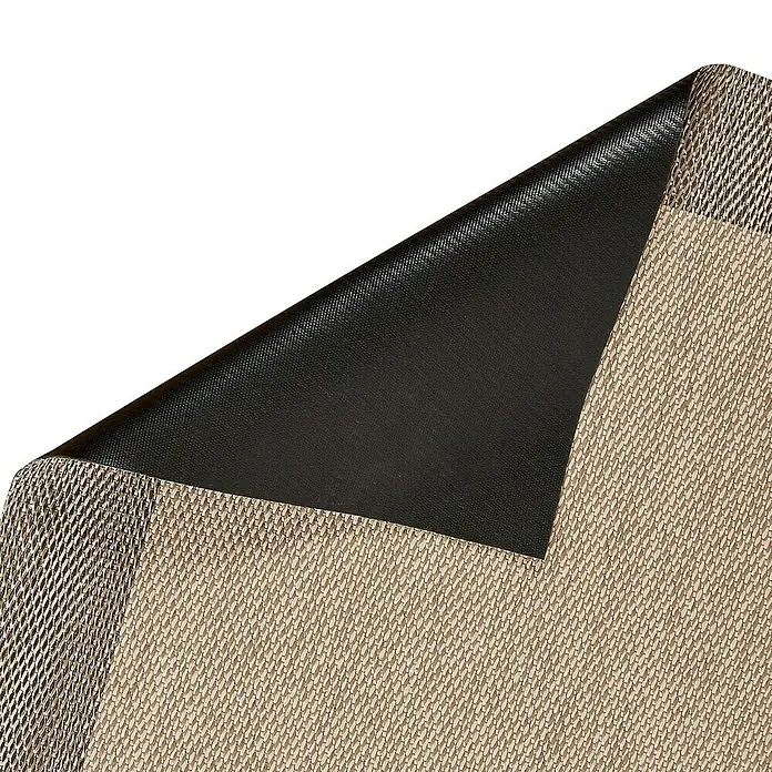Alfombra de vinilo Living - Beige/Tostado, 200 x 60 cm - Vista de un mantel individual con una esquina negra levantada que muestra la textura del material.