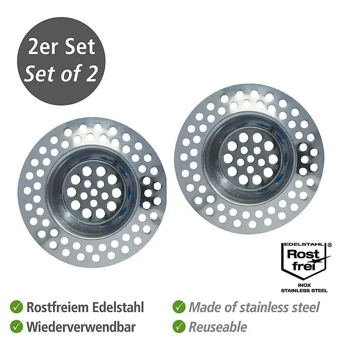 Wenko Haarfangsieb Nirosta - 2 Stk., Edelstahl - Bild von einem 2er-Set Spülbecken Siebe aus Edelstahl, rostfrei und wiederverwendbar.