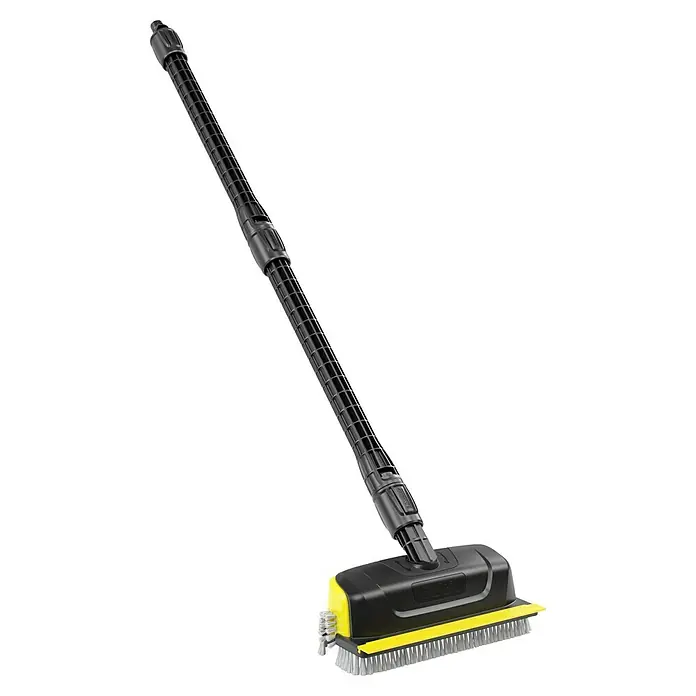 Kärcher Flächenreiniger Powerschrubber PS30 Plus - Passend für: Kärcher Hochdruckreiniger K2 - K7 - Eine Nahaufnahme einer Kärcher WB 120 Bürste mit schwarzem Griff und gelben Akzenten, die für eine gründliche Reinigung ausgelegt ist.