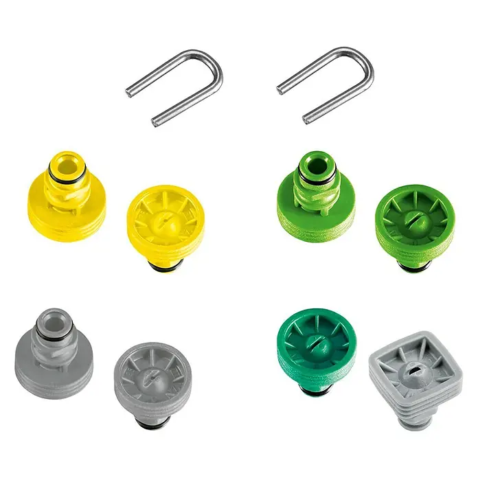 Kärcher Ersatzdüsen-Set T-Racer - 10 -tlg., Passend für: Kärcher Flächenreiniger T 7 Plus/T 5/T 450 - Bild von verschiedenen Gartenbewässerungsdüsen in Gelb, Grün und Grau, zusammen mit zwei Bügeln.