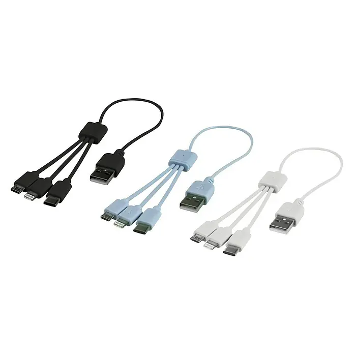 Cartrend USB-Ladekabel 3-in-1 - Mehrfarbig, 8,5 cm, Lightning-Stecker - Das Bild zeigt drei Mehrfach-Ladekabel in Schwarz, Blau und Weiß. Diese Kabel bieten verschiedene Anschlüsse für unterschiedliche Geräte an.