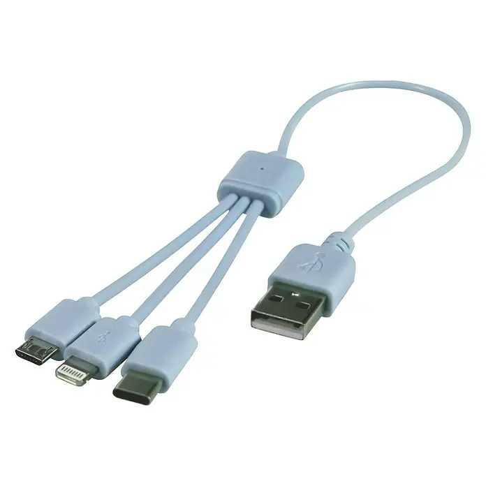Cartrend USB-Ladekabel 3-in-1 - Mehrfarbig, 8,5 cm, Lightning-Stecker - Ein hellblaues 3-in-1-Ladekabel mit USB-, Micro-USB-, Lightning- und USB-C-Anschlüssen für verschiedene Geräte.