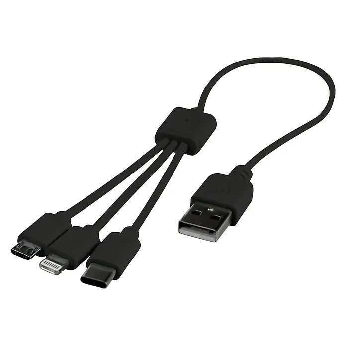 Cartrend USB-Ladekabel 3-in-1 - Mehrfarbig, 8,5 cm, Lightning-Stecker - Mehrfach-USB-Ladekabel mit verschiedenen Anschlüssen, einschließlich USB-A, Micro-USB, USB-C und Lightning. Kompaktes und vielseitiges Ladezubehör.