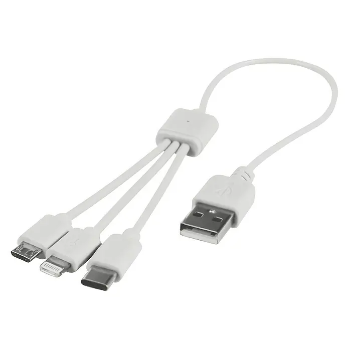 Cartrend USB-Ladekabel 3-in-1 - Mehrfarbig, 8,5 cm, Lightning-Stecker - Weißes 3-in-1 USB-Ladekabel mit verschiedenen Anschlüssen (USB-C, Micro-USB, Lightning) für vielseitige Gerätekompatibilität.