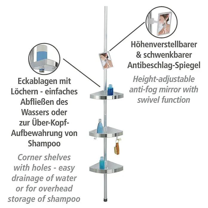 Wenko Teleskop-Eckregal Premium - Höhenverstellung: 70 cm - 260 cm, 3-stöckig, Edelstahl - Duschregal mit Eckablagen, Löchern für Wasserablauf und höhenverstellbarem Antibeschlag-Spiegel mit Schwenkfunktion zur optimalen Nutzung.