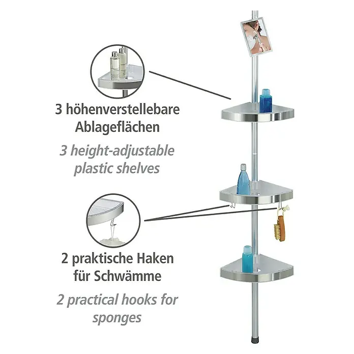 Wenko Teleskop-Eckregal Premium - Höhenverstellung: 70 cm - 260 cm, 3-stöckig, Edelstahl - Eckregal mit drei höhenverstellbaren Ablageflächen und zwei praktischen Haken zur Aufbewahrung von Schwämmen.