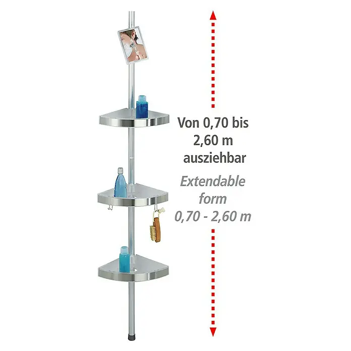 Wenko Teleskop-Eckregal Premium - Höhenverstellung: 70 cm - 260 cm, 3-stöckig, Edelstahl - Eckregal für die Dusche mit drei Ablagen, ausziehbar von 0,70 bis 2,60 m, mit Ablagefächern für Duschutensilien und einem Spiegel.