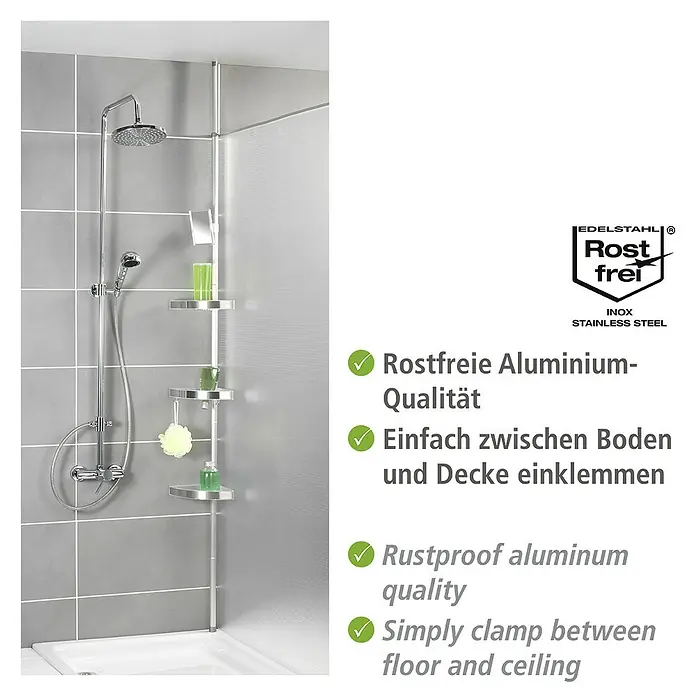Wenko Teleskop-Eckregal Premium - Höhenverstellung: 70 cm - 260 cm, 3-stöckig, Edelstahl - Duschregal aus rostfreiem Aluminium. Die Montage ist einfach durch Einklemmen zwischen Boden und Decke. Praktisch und langlebig.