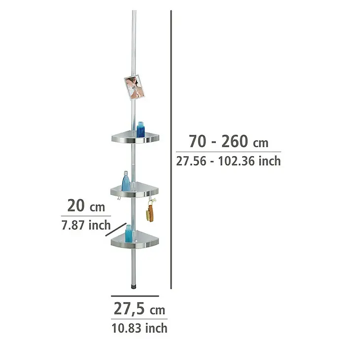 Wenko Teleskop-Eckregal Premium - Höhenverstellung: 70 cm - 260 cm, 3-stöckig, Edelstahl - Abbildung einer Teleskop-Eckdusche mit drei Ablagen und Maßangaben.