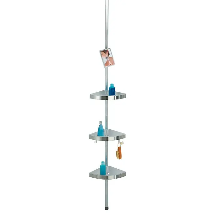 Wenko Teleskop-Eckregal Premium - Höhenverstellung: 70 cm - 260 cm, 3-stöckig, Edelstahl - Eckregal mit drei Ablagen aus Metall mit Duschzubehör auf schwarzem Hintergrund.