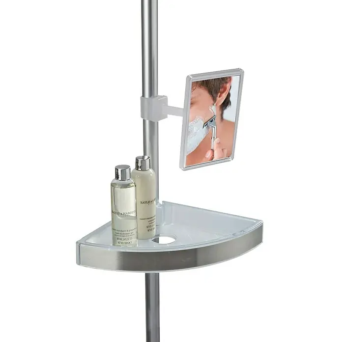 Wenko Teleskop-Eckregal Premium - Höhenverstellung: 70 cm - 260 cm, 3-stöckig, Edelstahl - Duschablage mit Spiegel und Pflegeprodukten von Baylis & Harding. Praktisch für die tägliche Dusche.