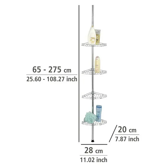 Wenko Rinconera de ducha telescópica Prea - Ajuste de altura: 56 cm - 275 cm, 4 Bandejas, Acero inoxidable - Estante de ducha esquinero de cuatro niveles, para guardar artículos de baño, altura regulable para una adaptación flexible al baño.