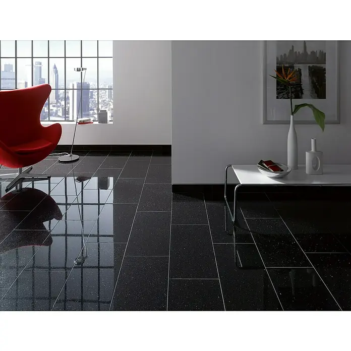 Natursteinfliese Star Galaxy - 30,5 x 61 cm, Schwarz, Glänzend - Glänzende schwarze Fliesen mit Glitzerakzenten, die einen modernen und eleganten Look in einem stilvollen Interieur erzeugen.