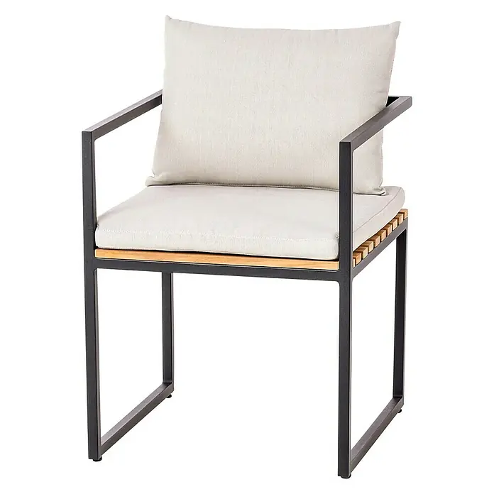 SENSUM Gartenstuhl Eksjö - Teak, Natur, Schwarz, B x T x H: 52,5 x 57,5 x 66 cm - Moderner Sessel mit anthrazitfarbenem Metallrahmen, hellem Holzsitz und bequemen Kissen für den Außenbereich.